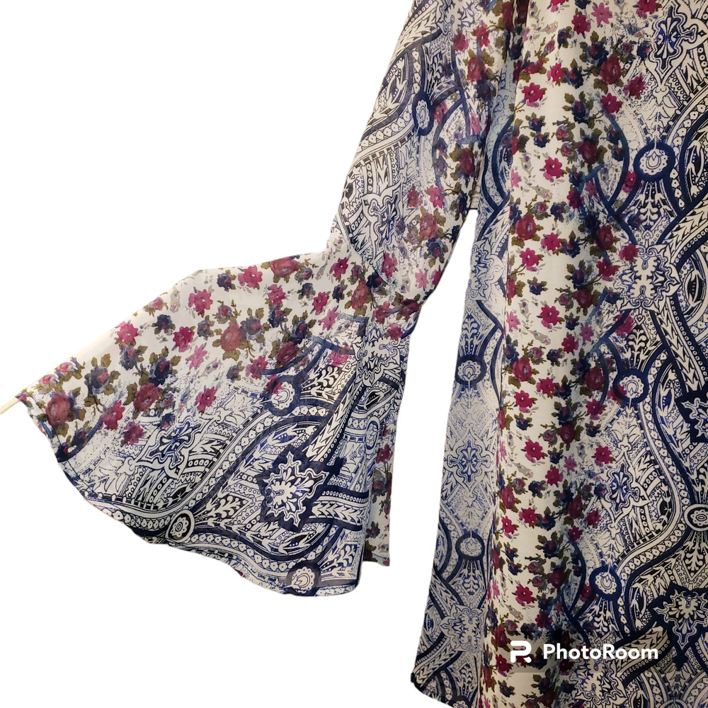 Speechless Floral Lattice Tunic Dress w Peasant Bell-Sleeves | Small - Picture 6 of 11